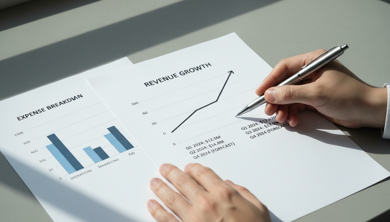 Analyzing current metrics is the first step toward implementing new OBBBA tax strategies. Hands reviewing printed financial statements and trend analysis charts for a local Utah business.