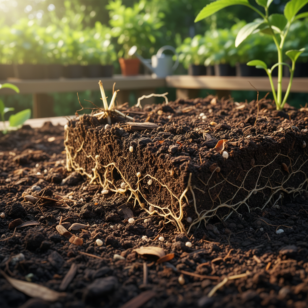 Healthy soil structure is the hidden engine behind vibrant, resilient Utah landscapes. Close up of rich dark earth with vibrant plant roots and healthy soil microorganisms.