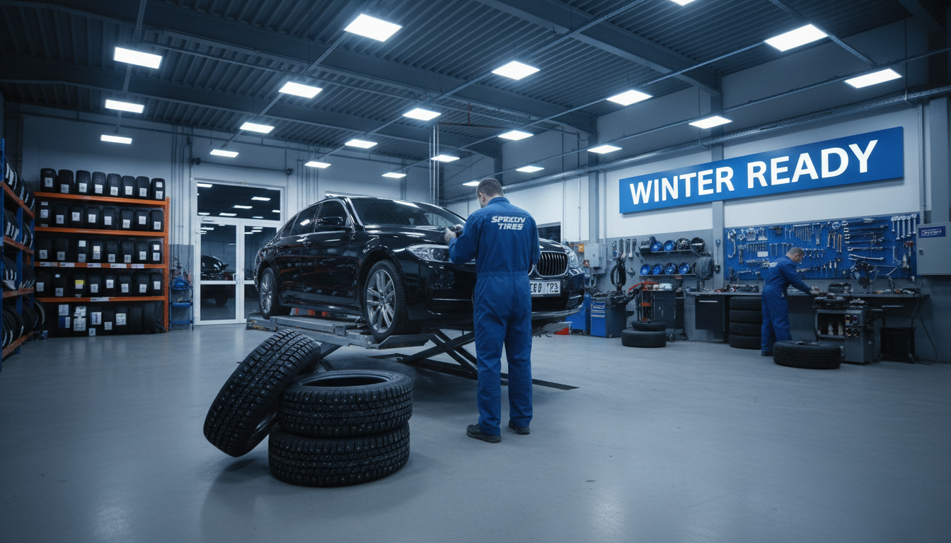 Choosing the right seasonal tires ensures safety during Delaware's unpredictable winter months. A technician installing winter tires on a vehicle in a modern tire shop featuring bright overhead lighting.