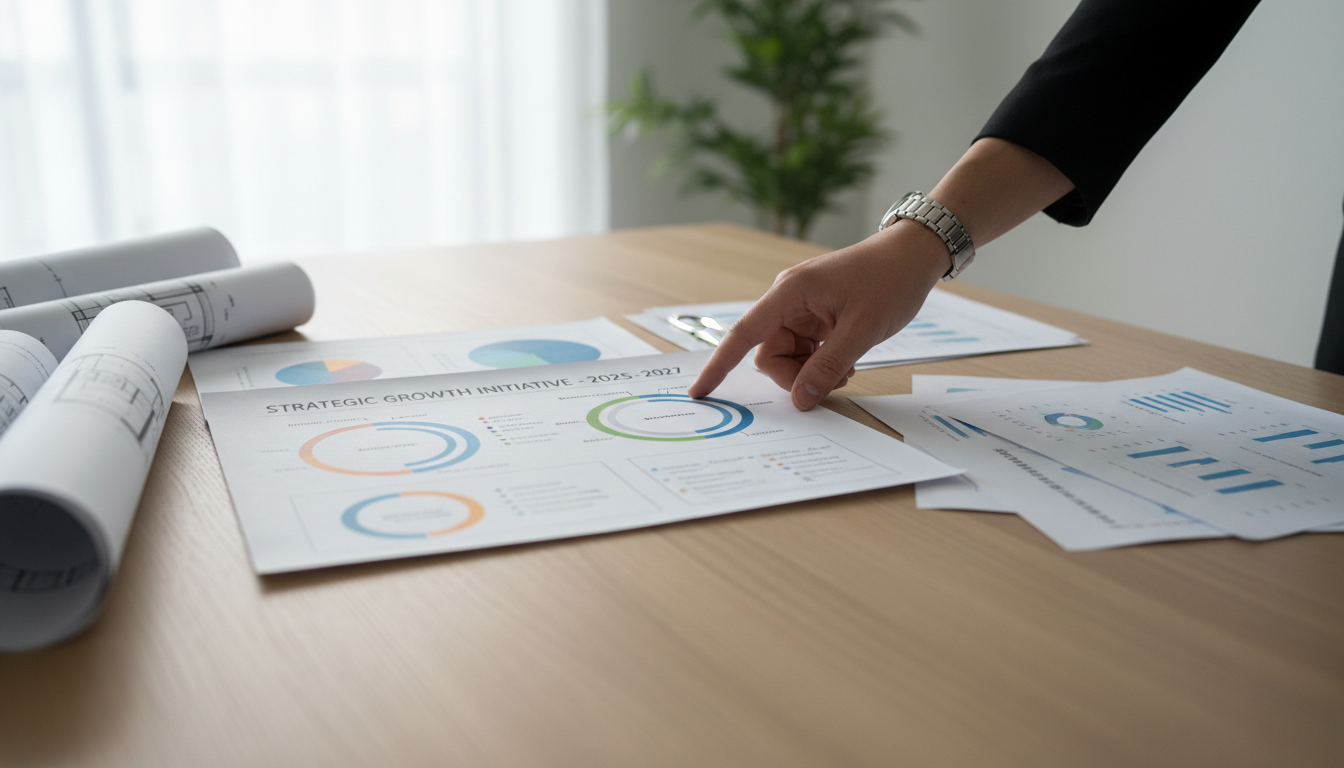 A structured roadmap ensures AI deployment happens in weeks, not months. A business consultant reviewing a strategic roadmap diagram on a clean desktop with analytics documents.