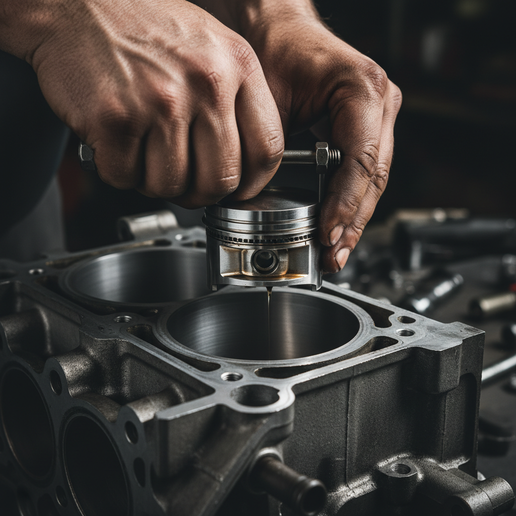 Precision piston installation is a critical step in a high-quality diesel engine rebuild. Close up of a mechanic's hands using a ring compressor to install new pistons into a diesel engine block.