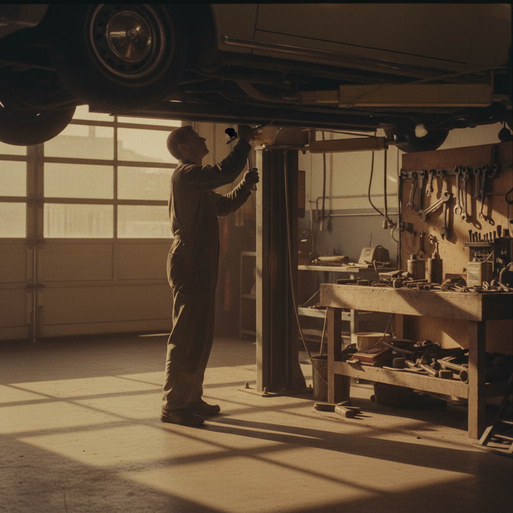 Identifying suspension issues often requires a thorough under-vehicle inspection by a qualified technician. Technician working underneath a vehicle on a lift in an automotive repair bay.