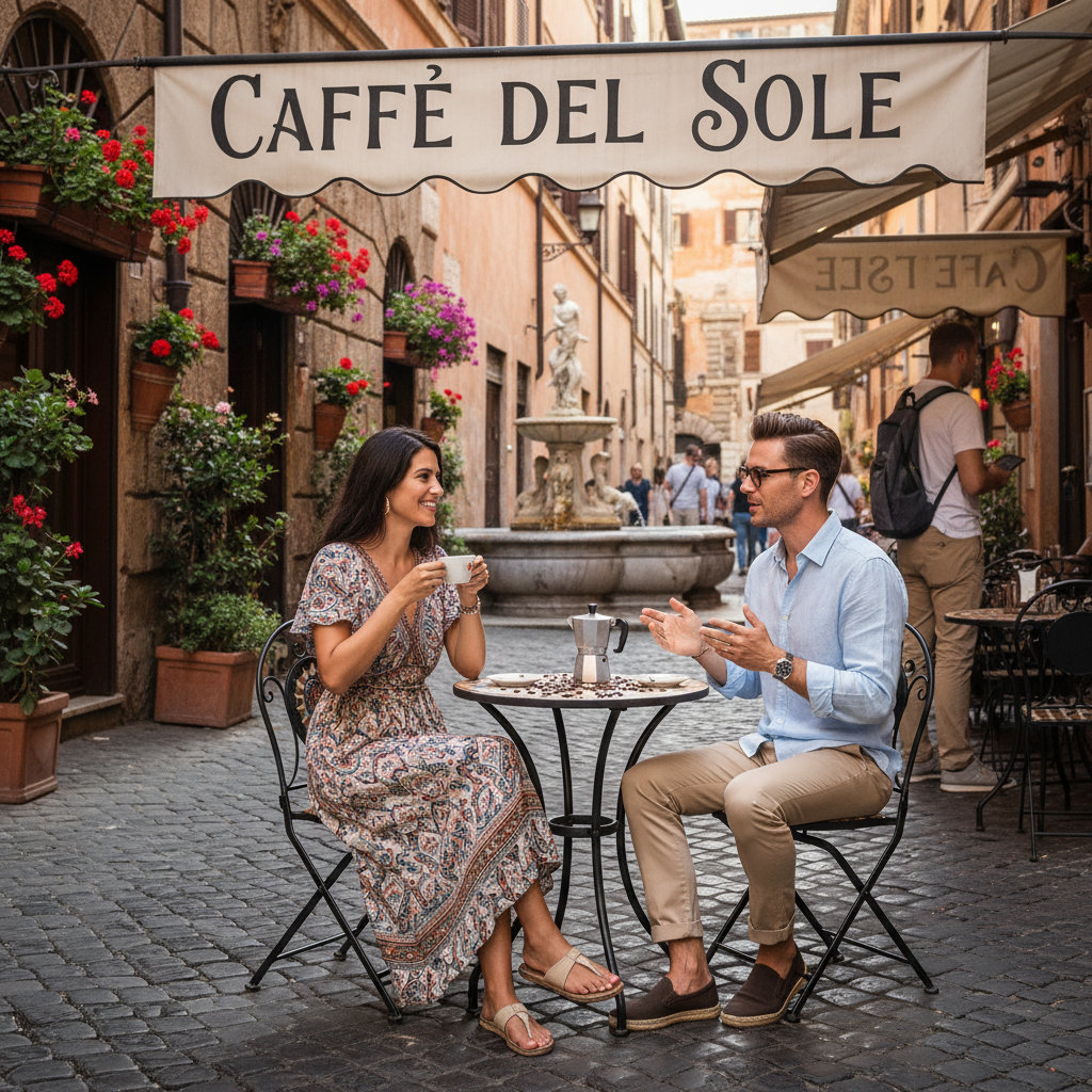 Unscheduled time at a local cafe allows you to soak in the culture without the rush. Two people enjoying coffee at an outdoor Italian cafe in Rome with historic architecture in the background.