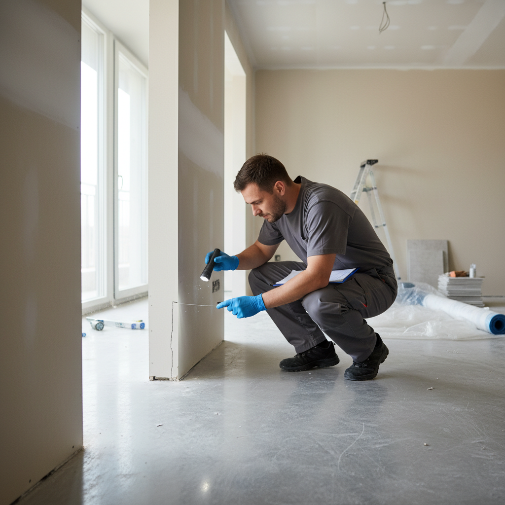 Detailed inspections ensure no surface is left with lingering drywall dust or construction residue. A professional cleaner carefully inspecting a new wall and floor for dust and damage in a construction site.
