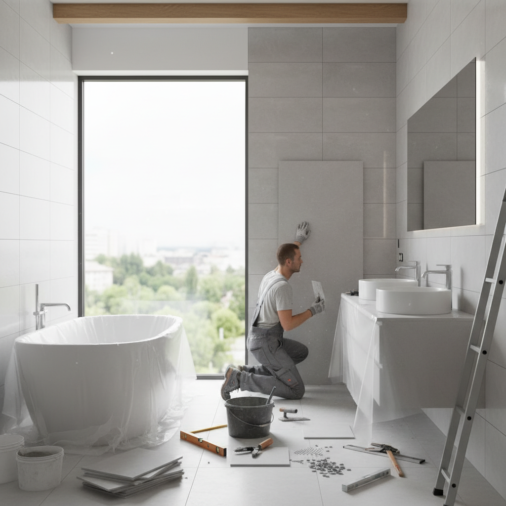The demolition and rough-in phase often reveals hidden issues in older Sydney properties. Bathroom renovation in progress with a builder installing tiles in a modern residential bathroom
