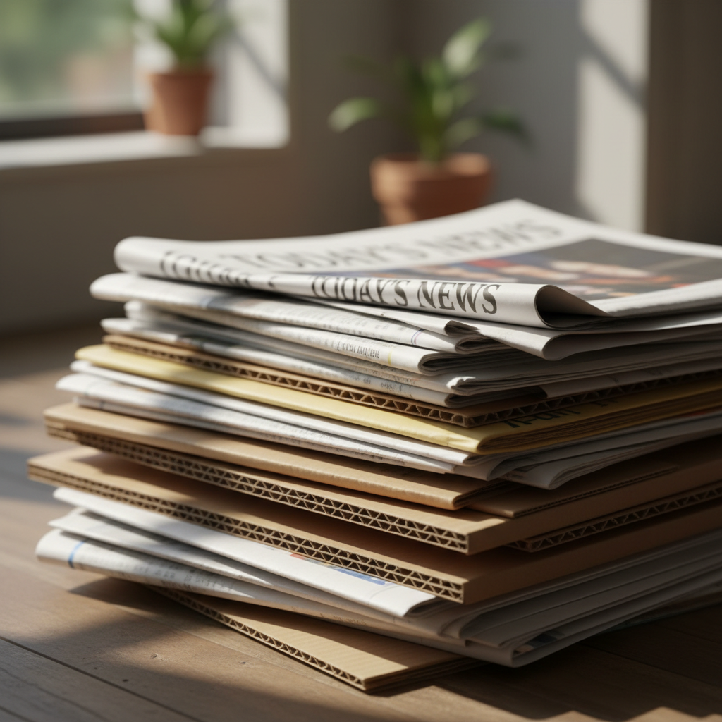 Flattening cardboard boxes is essential to maximize space in your recycling bin and collection truck. Close up of neatly stacked corrugated cardboard boxes and newspapers ready for recycling collection.