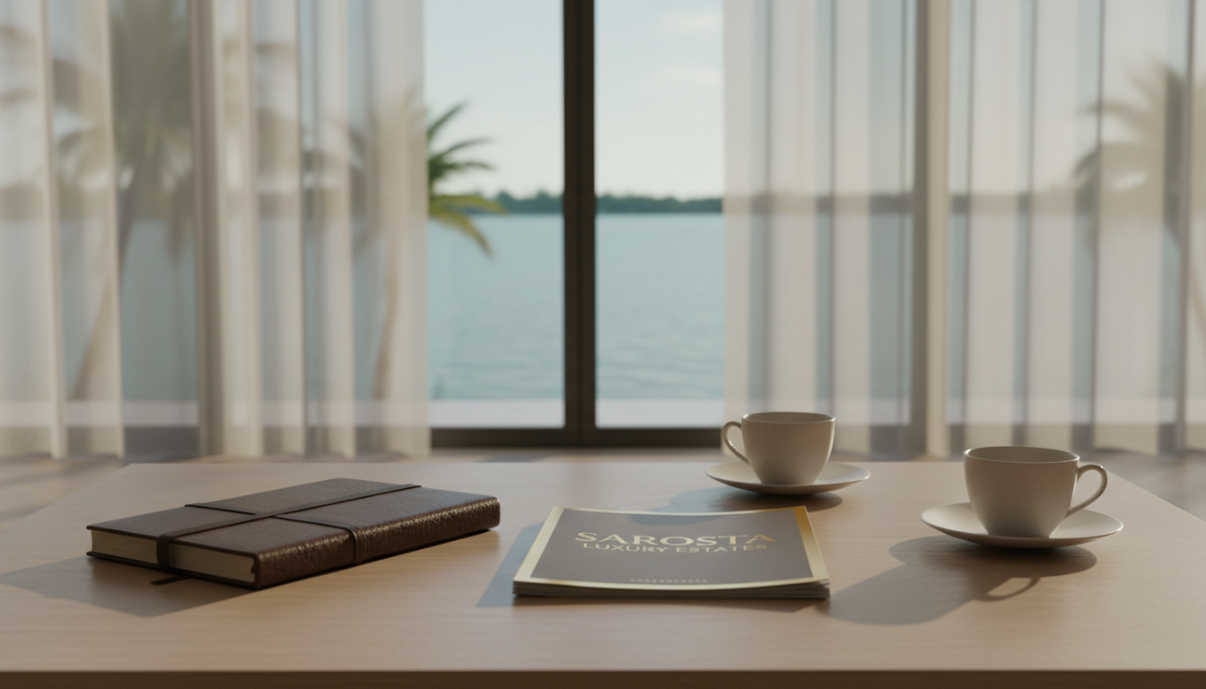 Sullivan Luxury Properties provides the professional bridge for Sarasota investors looking toward global horizons. A leather notebook and coffee cups on a wooden table with a blurred water view in the background.