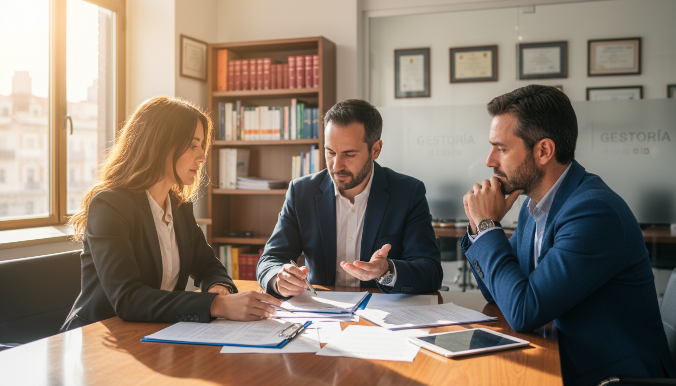 Atención personalizada y experta para tu proceso de residencia en nuestra nueva ubicación. Gestor administrativo colegiado revisando documentos de extranjería con un cliente en despacho de Madrid