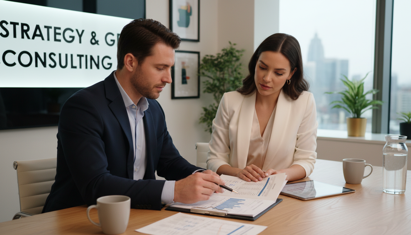 A structured financial review identifies exactly where opportunity and exposure exist in your clinic. Professional financial advisor meeting with a clinic owner at a modern office desk reviewing financial documents