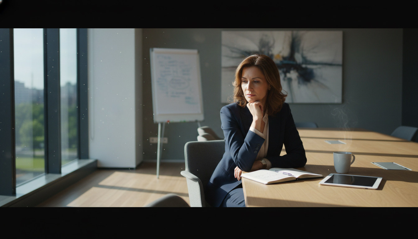 The modern supermanager carries more responsibility than traditional organizational charts ever intended. A professional woman in a quiet meeting room looking thoughtful, representing the weight of 2026 leadership challenges.