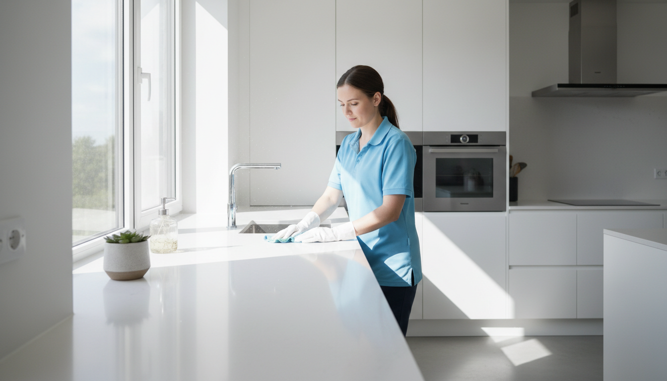 Weekly visits ensure high-touch areas like kitchens stay sanitized and sparkling. Professional cleaner wiping down a modern kitchen counter with microfiber cloth in bright natural light.