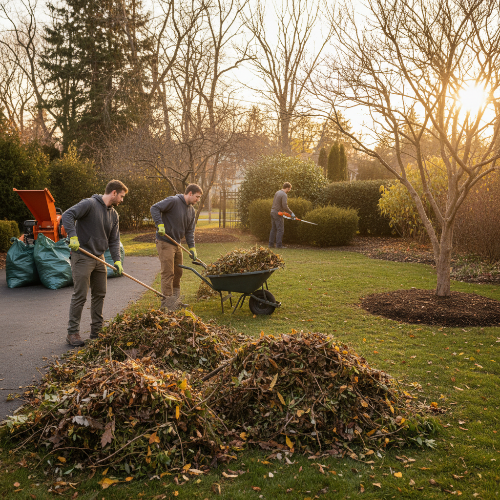 Professional seasonal cleanups set the foundation for a hassle-free growing season. Landscaper removing leaves and debris from garden beds during a seasonal yard cleanup.