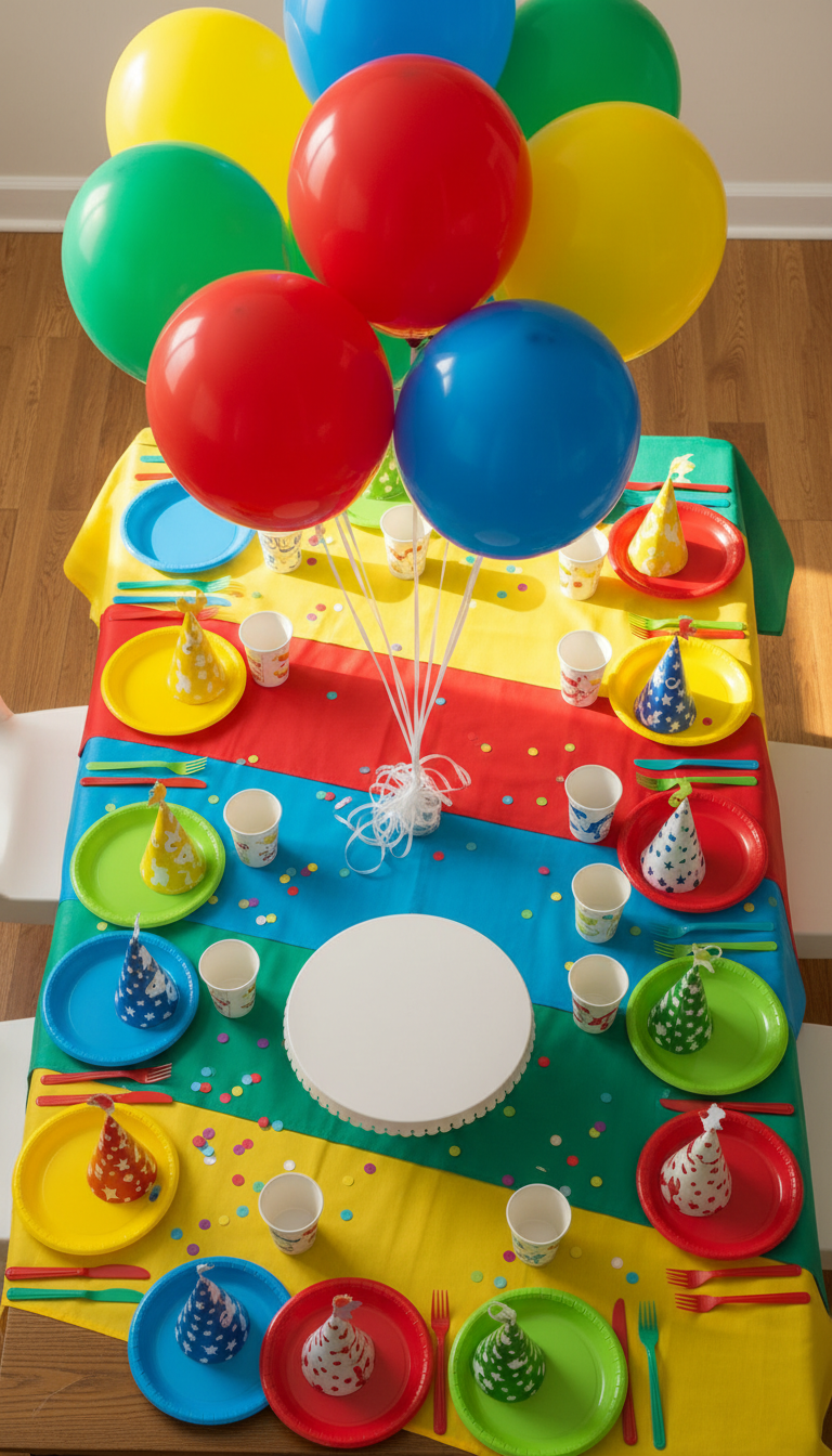 Make school year birthdays easy with our all-inclusive party packages at Lollipops. An overhead shot of a colorful kids birthday party table setup with plates, napkins, and balloons.
