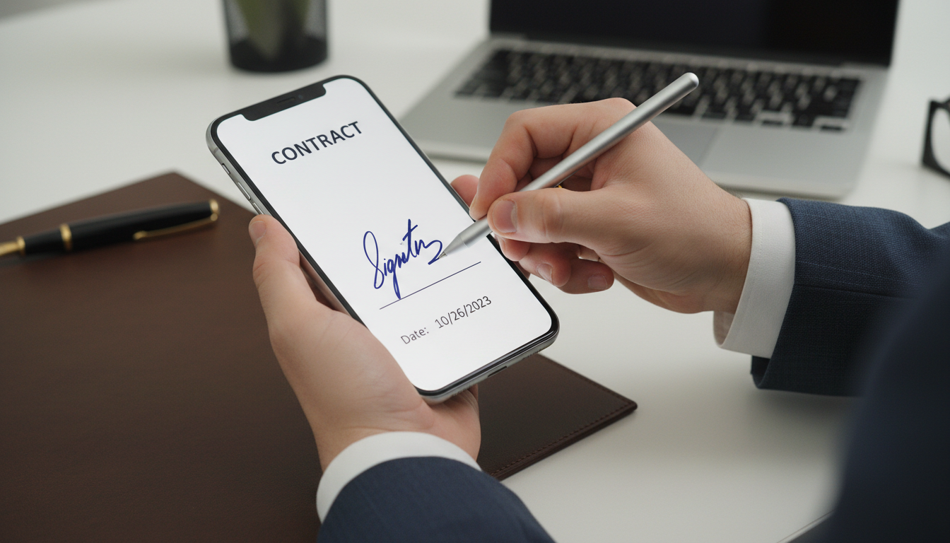 La tecnología de firma por SMS facilita la gestión de gastos entre particulares sin desplazamientos. Primer plano de una persona firmando digitalmente el contrato de compraventa en su smartphone