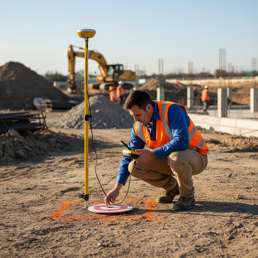 Ground Control Points (GCPs) combined with RTK drones ensure 1 to 3 cm accuracy for topographic mapping. Surveyor in high-visibility vest placing a ground control point marker at a construction site in Saudi Arabia
