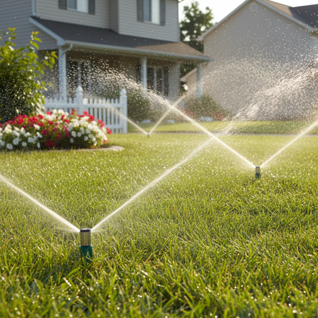 Smart irrigation systems save thousands of gallons of water and hours of labor annually. Automated sprinkler system providing a fine mist to a green residential lawn in Utah.