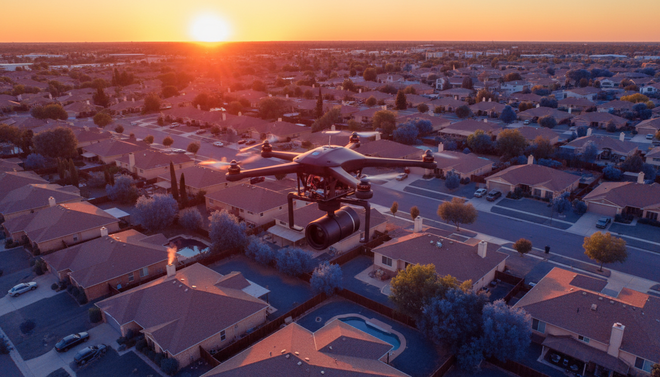 Thermal imaging reveals hidden moisture and heat loss that the human eye cannot see. Drone with a thermal camera flying over a residential roof at dusk to detect heat signatures and trapped moisture.