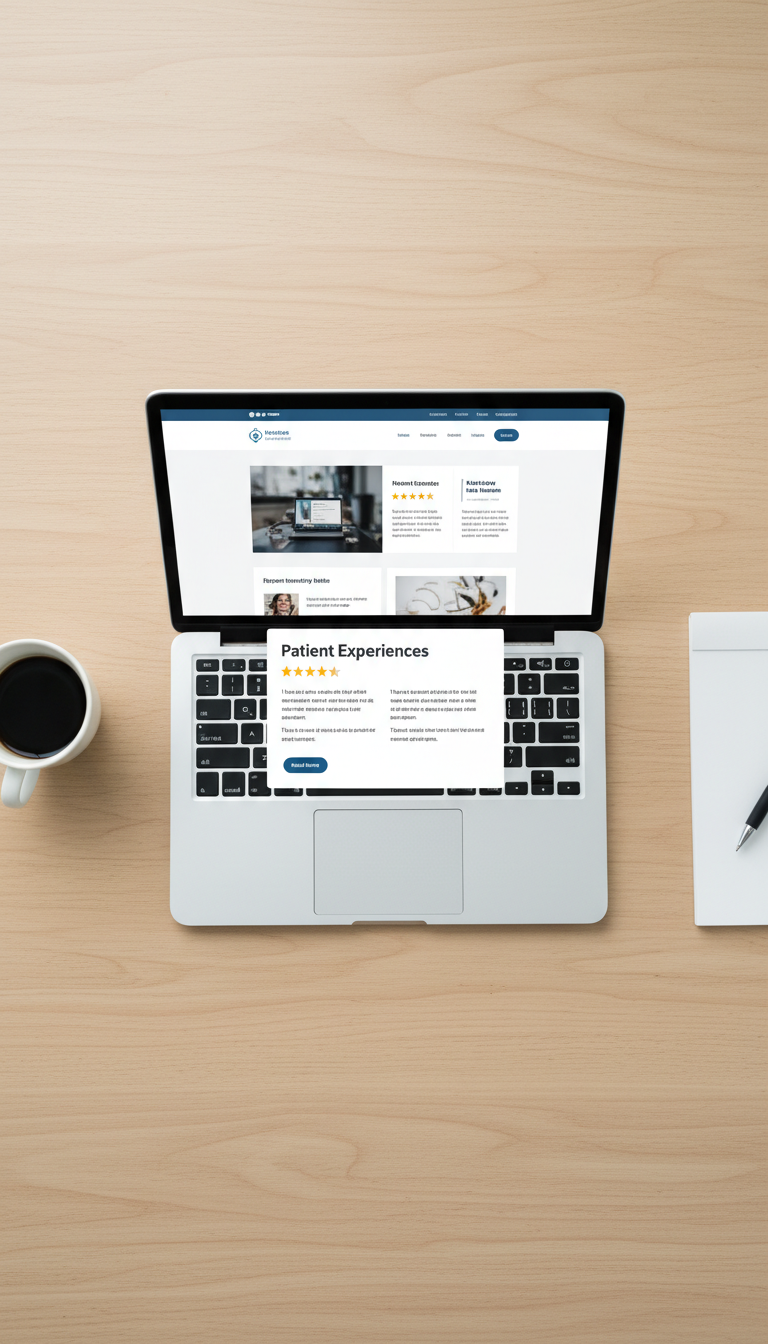 Bringing fragmented reviews back to your website build immediate trust with new visitors. Overhead view of a laptop on a desk showing a professional website with integrated customer review widgets.