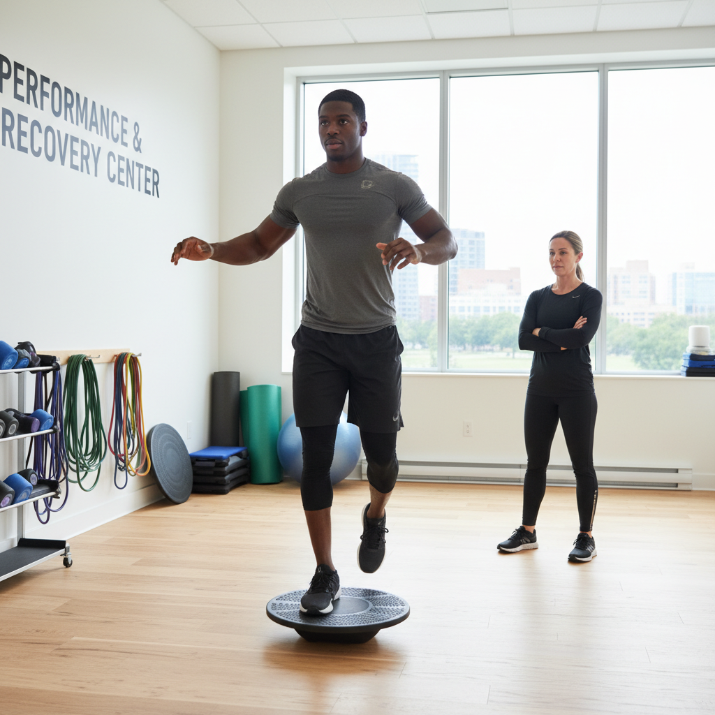 Single-leg balance testing is a key tool for identifying neuromuscular deficits that increase knee injury risk. Football player performing a single-leg balance exercise on a wobble board supervised by a physiotherapist in a clinic