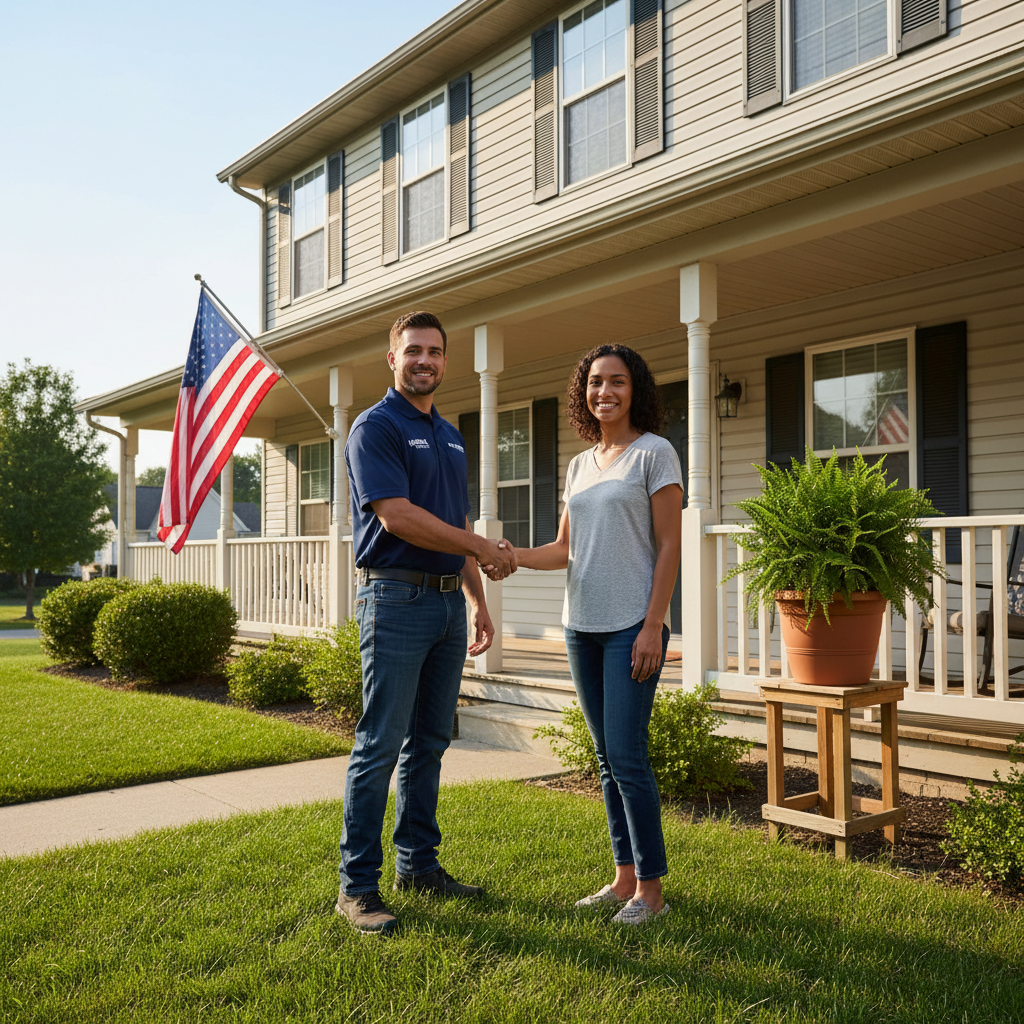 Local oversight ensures that physical assets are maintained and tenant relationships are managed effectively. A local property representative shaking hands with a resident on the porch of a well-maintained duplex.
