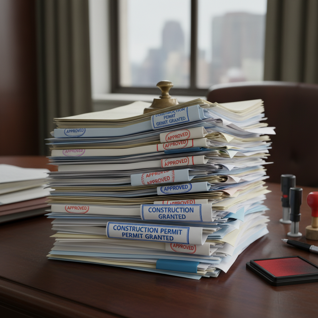 Securing the proper permits from the City of Visalia ensures your remodel is legal and safe. A stack of building permit documents and official approval stamps sitting on a desk.
