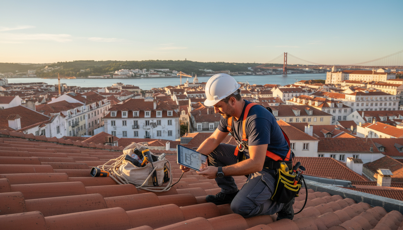 A exposição constante à humidade do Porto exige uma atenção redobrada à integridade dos telhados. Especialista em manutenção a inspecionar as telhas e caleiras de um edifício residencial em Portugal para prevenir infiltrações.