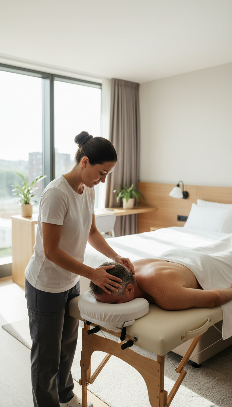 Mobile massage brings the professional clinical experience directly to your hotel suite. A professional massage therapist adjusting a portable table headrest for a client in a bright, modern hotel bedroom with natural light.