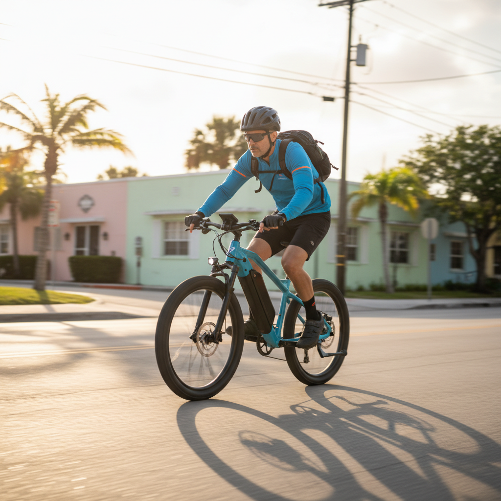 Florida treats all three classes of e-bikes as traditional bicycles, meaning no registration is required to hit the road. An adult wearing a helmet riding a Class 3 e-bike down a sunny Florida street during the afternoon.