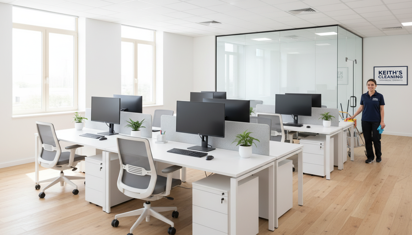 Healthy workspaces lead to more productive teams and happier clients. A clean and organized office space with a Keiths Cleaning team member working in the background.