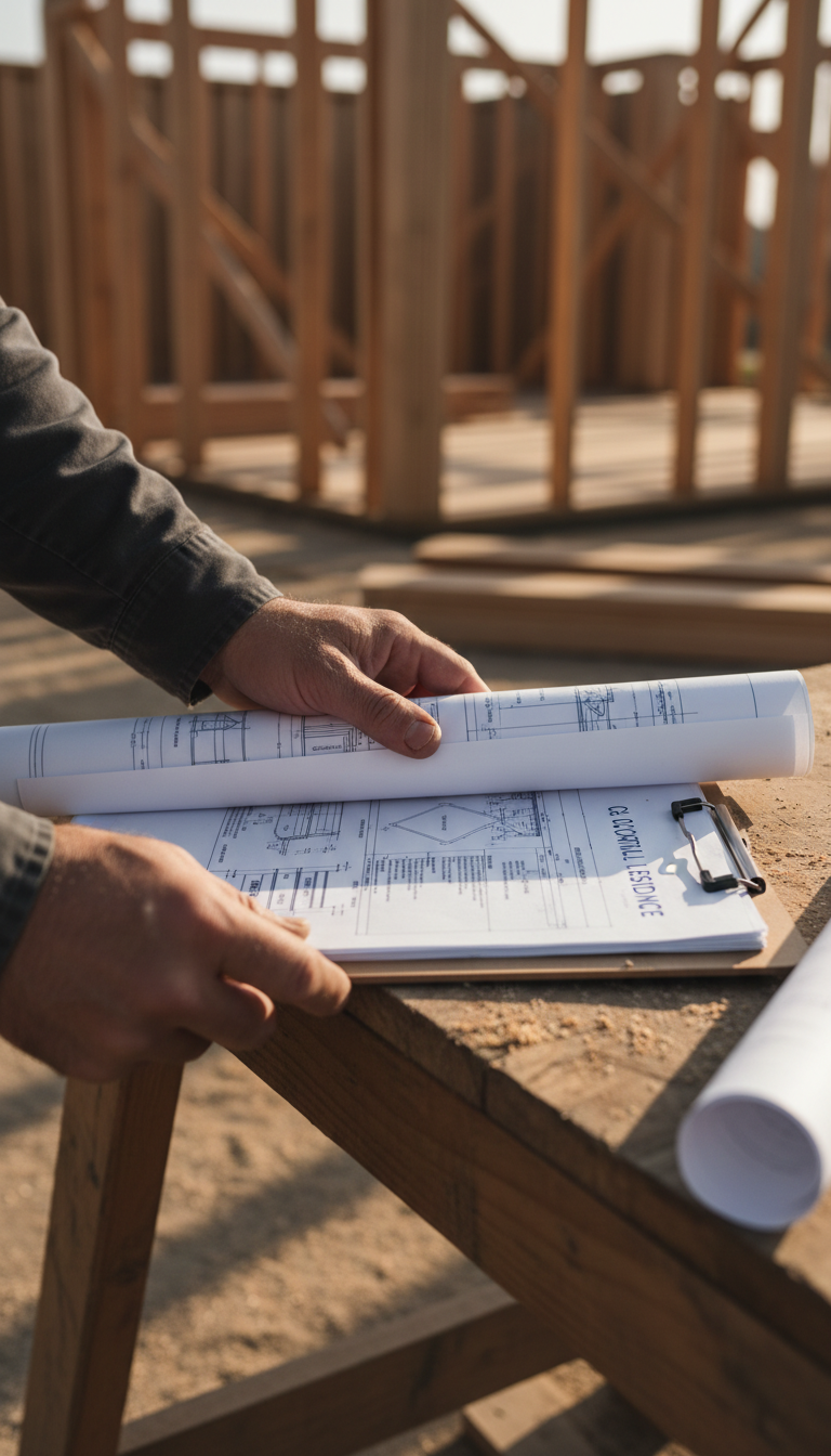 Careful planning and accurate estimating are essential for budgeting window replacements in Visalia. Contractor hands reviewing project blueprints and cost estimates on a wooden table at a construction site.