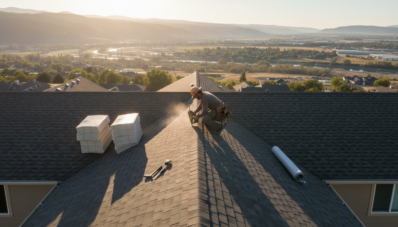Precision installation ensures your new roof can withstand Utah's diverse weather patterns. A roofing contractor installing new asphalt shingles on a pitched roof using professional tools.