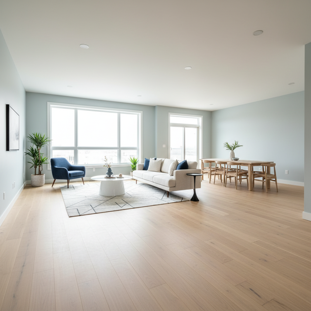 Installing flooring and painting walls is significantly faster in an empty house. Open concept living area with fresh paint and new flooring installation
