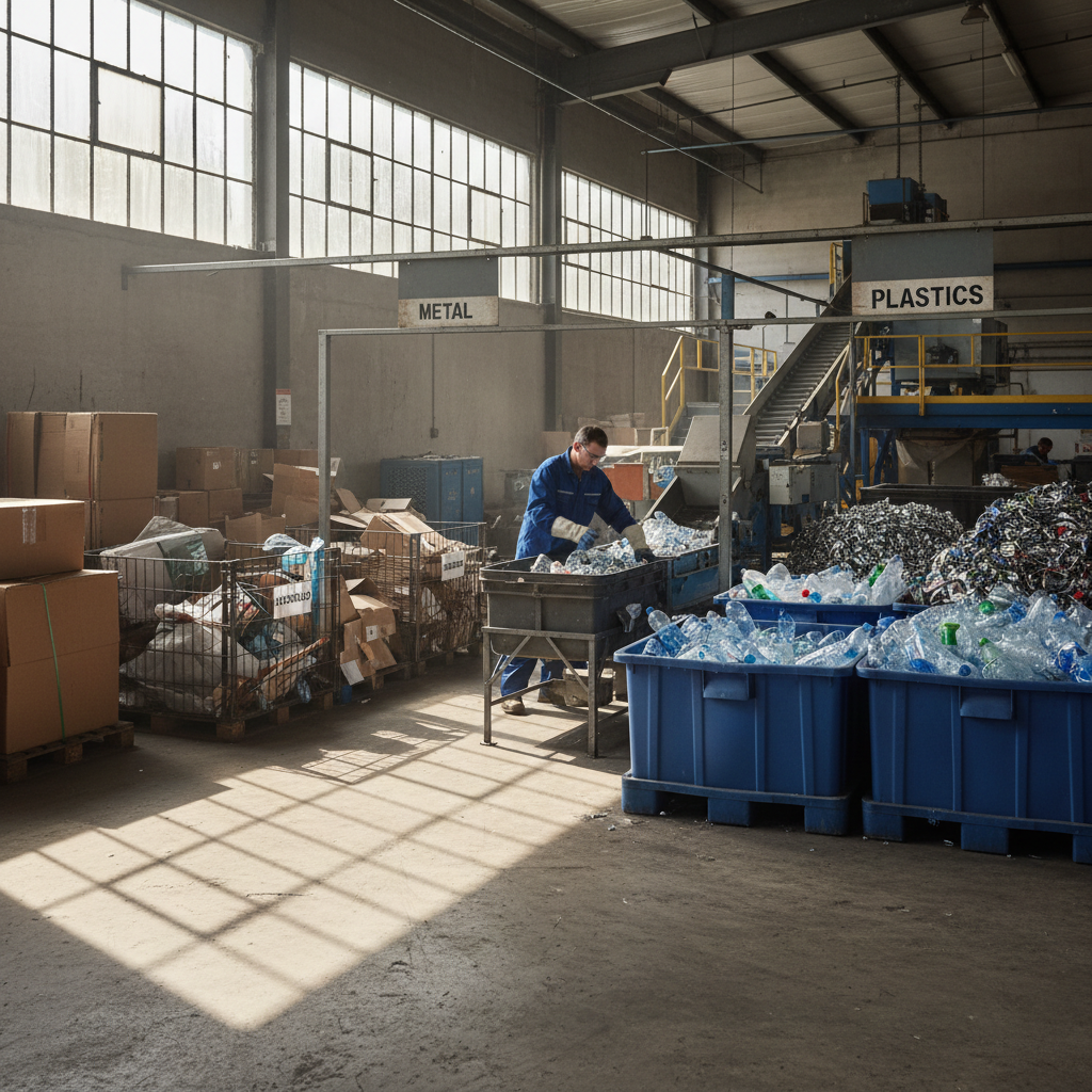 Our Box Elder County facility provides specialized sorting systems for local construction partners. An organized recycling facility sorting bay with separate stations for metal, plastic, and cardboard.