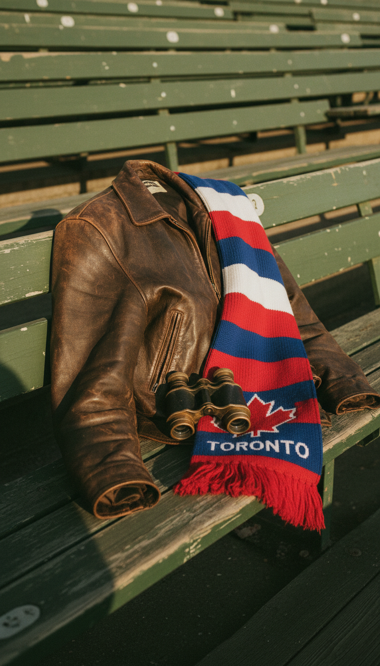 Accessories like scarves and toques add both warmth and classic style to your arena outfit. A vintage leather jacket draped over a stadium seat with a team scarf and binoculars nearby.