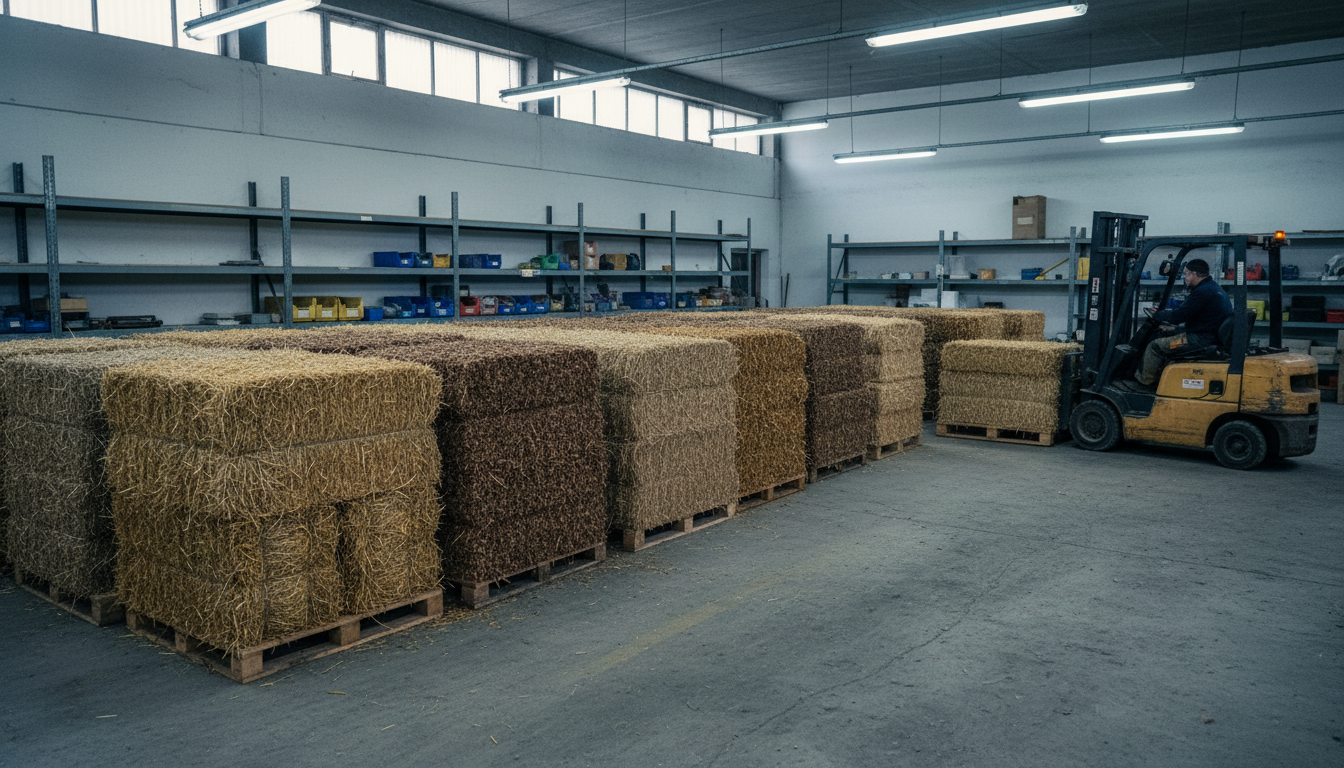 Turning biomass into marketable products creates a circular economy for agroforestry carbon. A worker using a forklift to move bales of agricultural byproducts in a tidy industrial workshop.