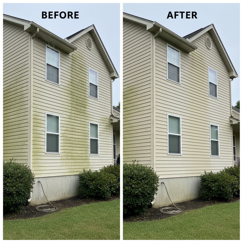Protect your siding's warranty and appearance by choosing soft wash over high pressure. A home exterior showing the clean results on siding after a professional soft washing service.