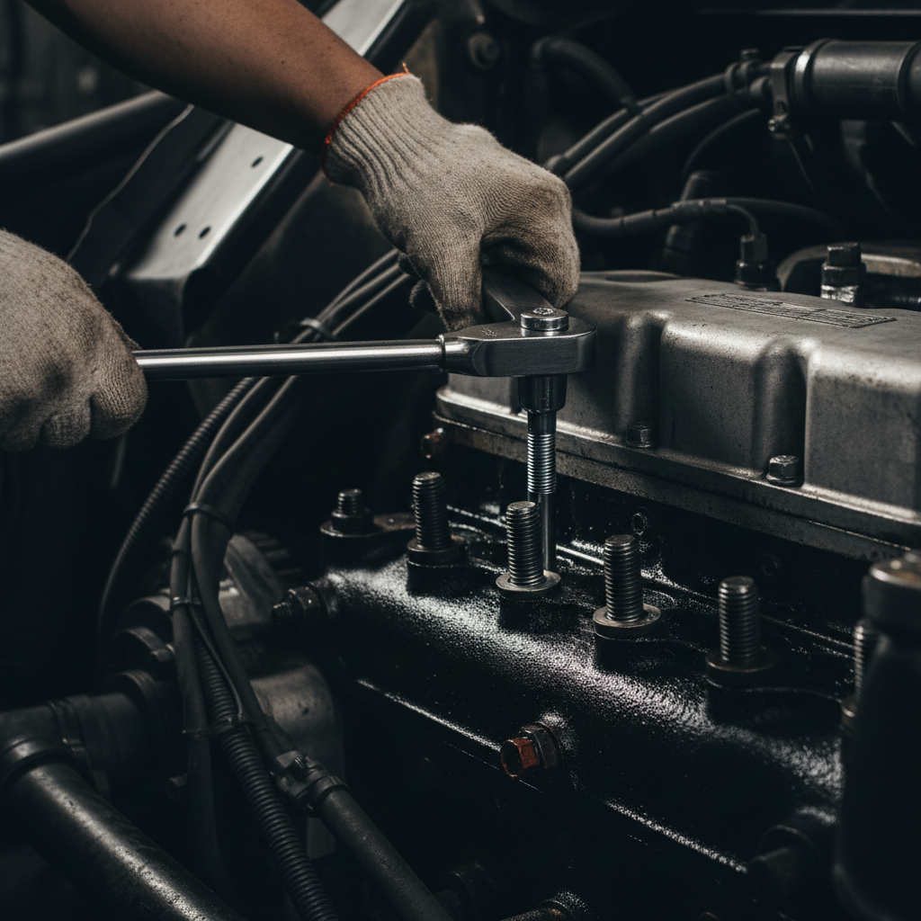Upgrading to ARP head studs during a rebuild is highly recommended for Powerstroke and Cummins engines. Mechanic using a heavy-duty torque wrench to install new head studs in a diesel truck engine bay.