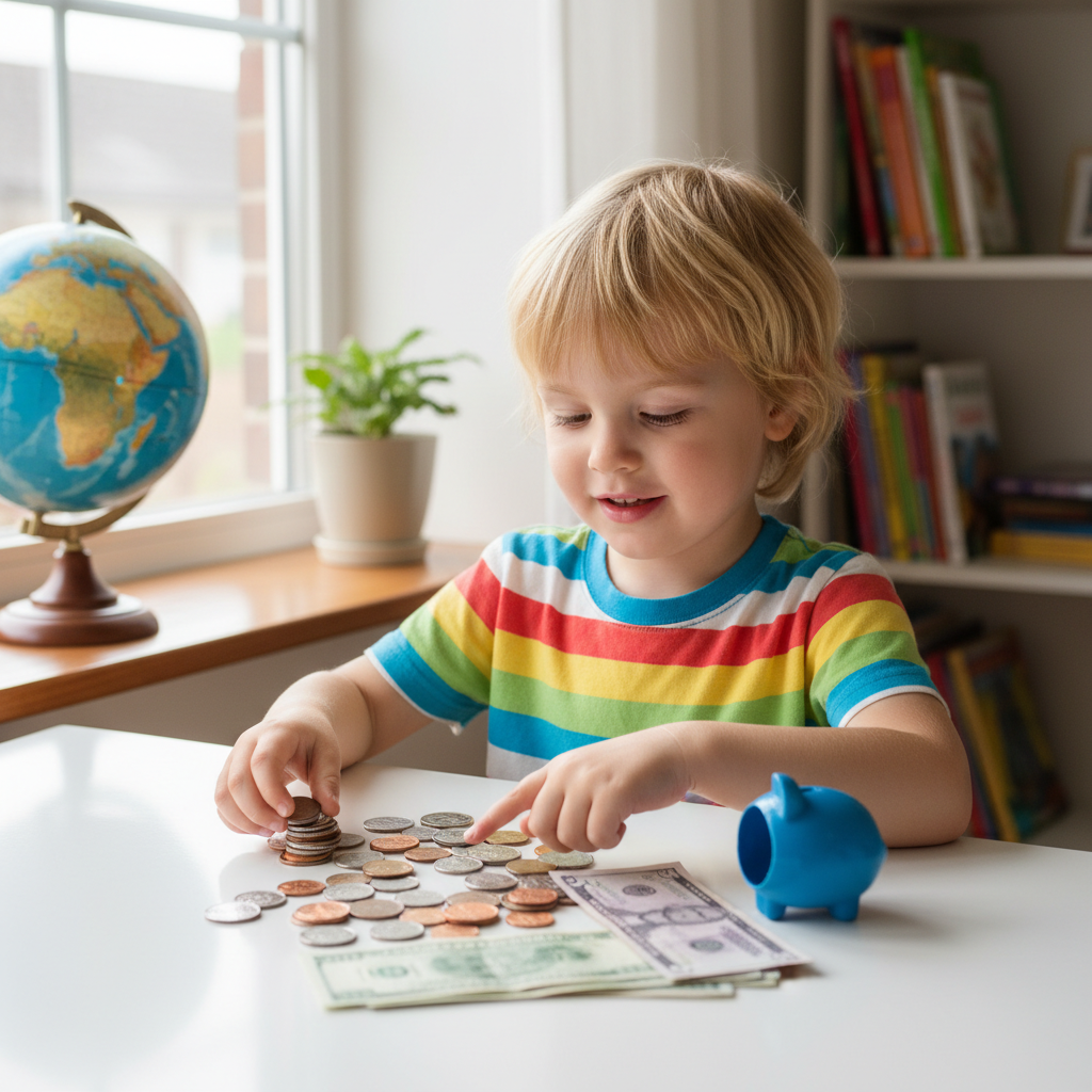 Entender o valor do dinheiro e o conceito de lucro prepara o jovem para uma vida adulta financeiramente estável. Criança contando moedas e notas em uma mesa iluminada, aprendendo sobre gestão financeira.