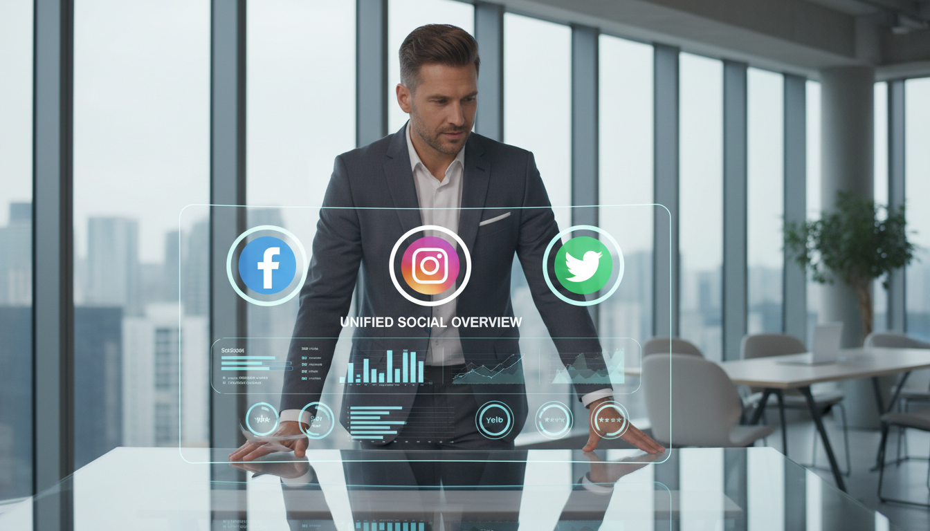 Managing multiple review platforms from a single dashboard simplifies the analytics process. A business professional looking at a unified dashboard with icons for Google, Yelp, and other social media review platforms.