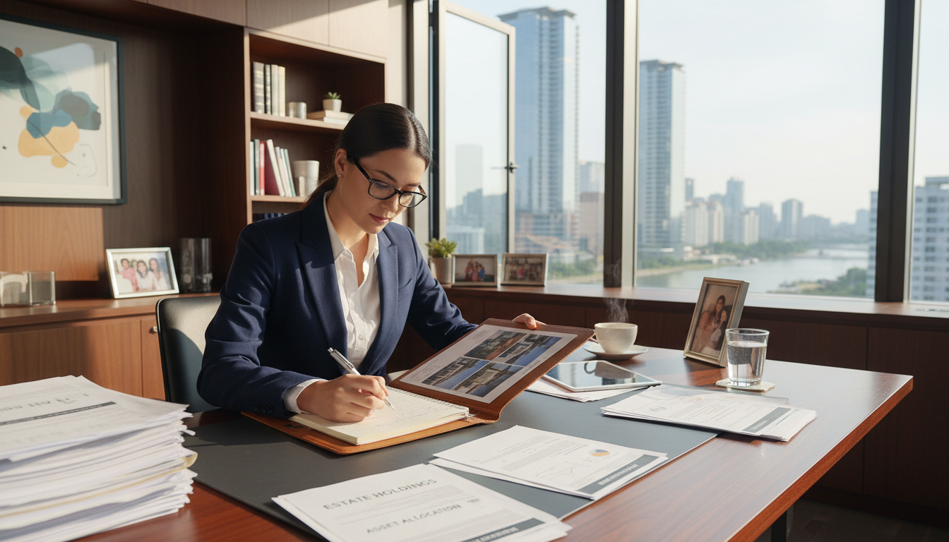 Litigation is often necessary for complex asset division and thorough financial discovery. Lawyer reviewing detailed financial documents and property portfolio at an office desk.