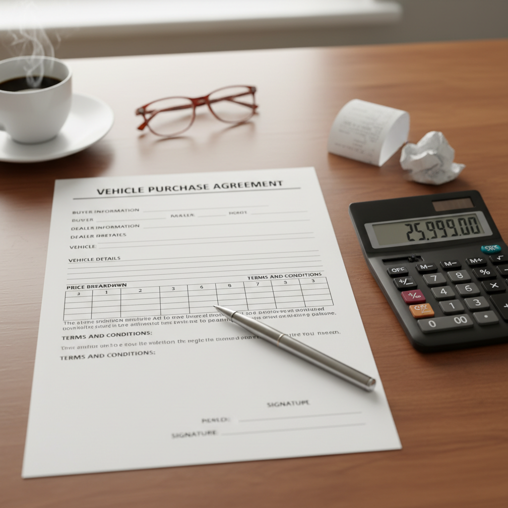 Calculating the sales tax credit is essential to understanding the true net value of your trade-in. A car purchase agreement on a desk next to a pen and a calculator showing financial calculations.