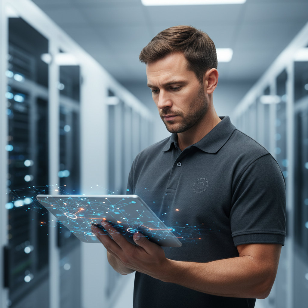 Per le aziende, la protezione delle cartelle deve far parte di una strategia di cybersecurity più ampia. Tecnico informatico professionista in sala server che analizza un diagramma di rete su un tablet.