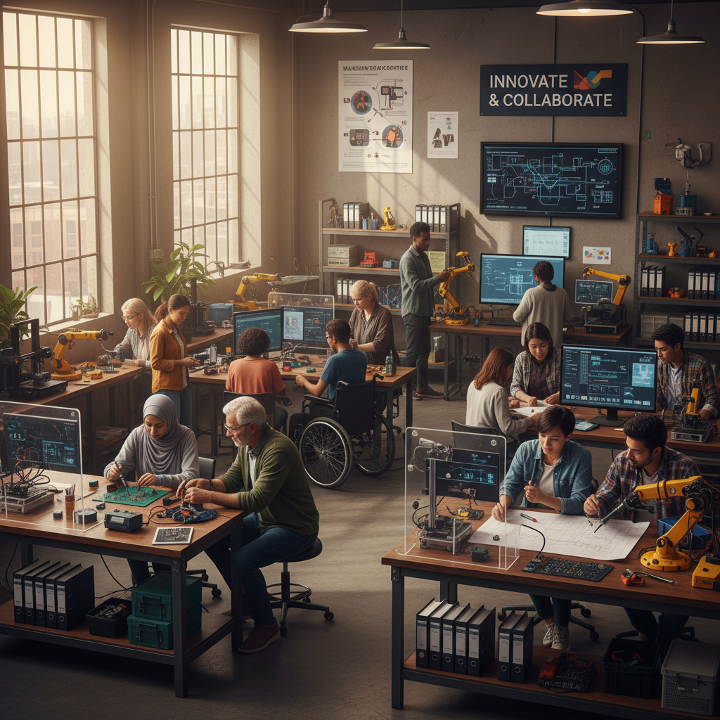 Modern workforce training brings together diverse backgrounds to master the trades of the future. A diverse group of students working together in a well-lit, structured workshop environment.