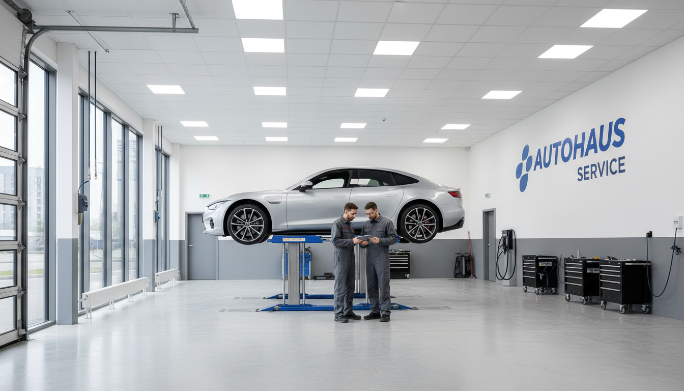 Our Houston facility is fully equipped for both commercial and passenger vehicle inspections. A wide view of a modern car service shop with professional lighting and vehicles on lifts for inspection.