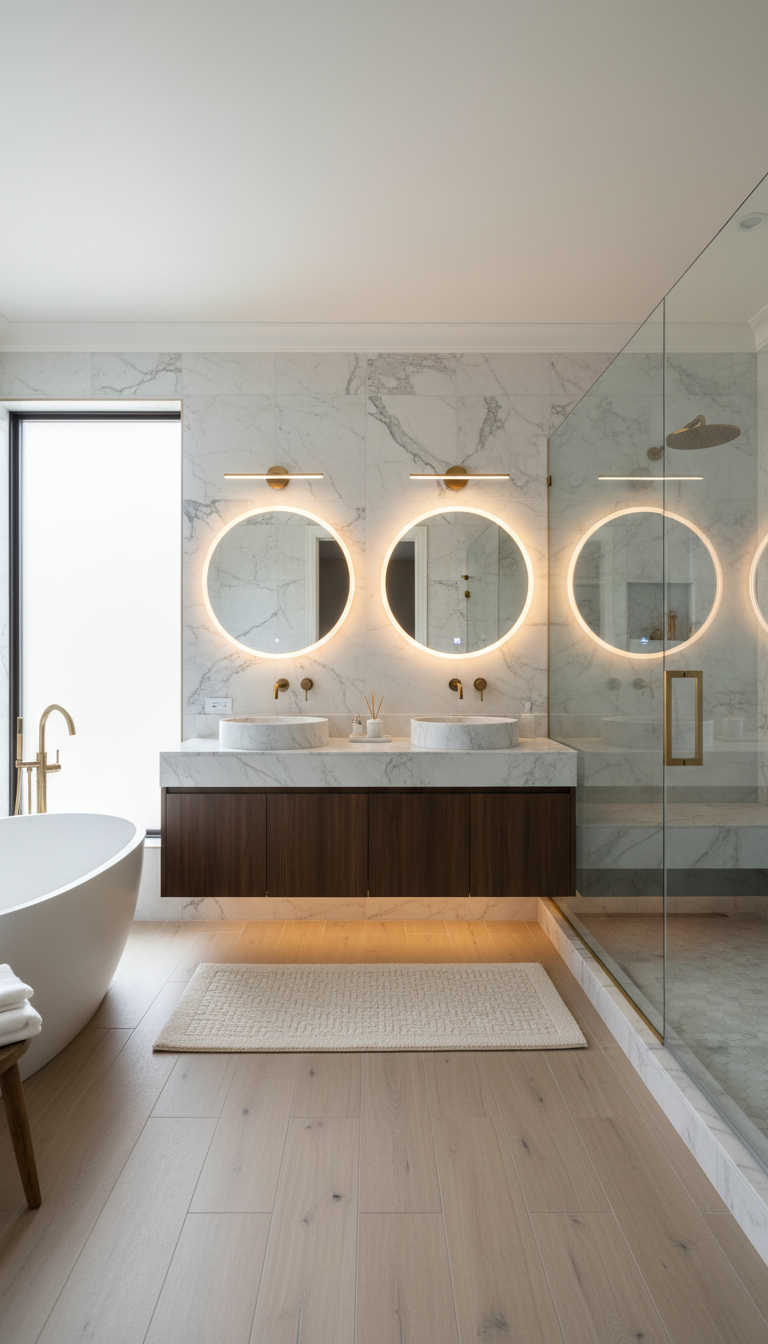 Master bath remodels with dual vanities and walk-in showers represent the largest scope category. Luxury bathroom with double vanity, large walk-in shower, and high-end materials and lighting