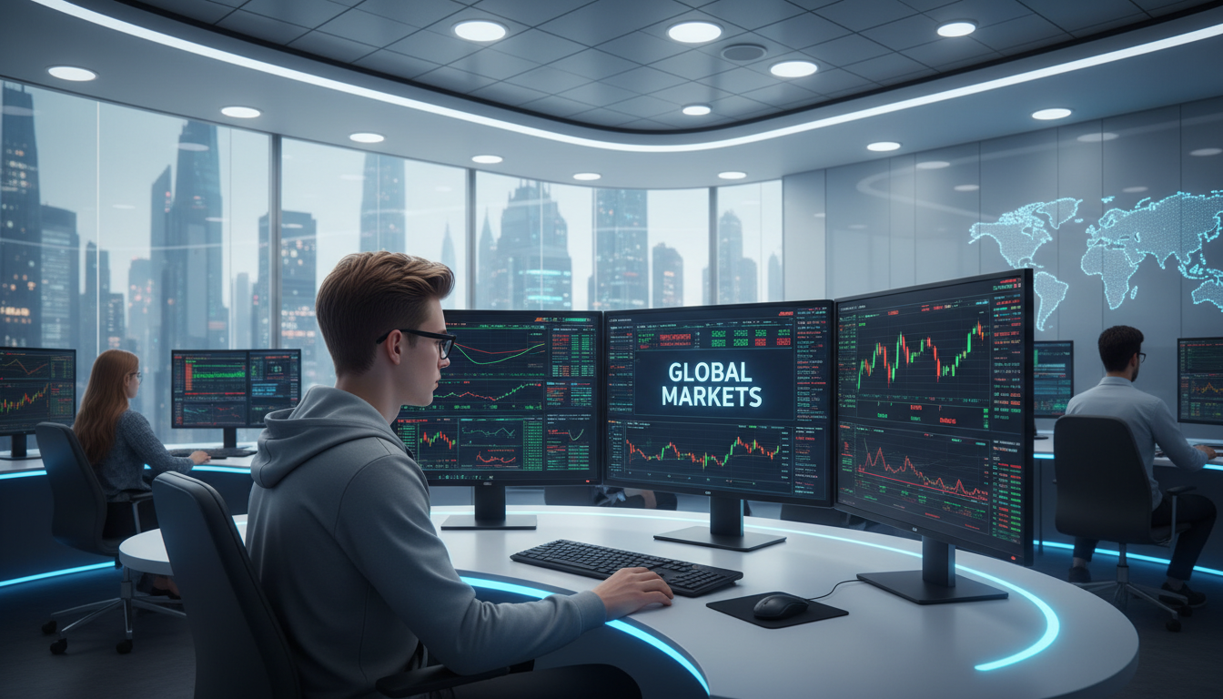 Estudiante observando gráficos de forex en varios monitores