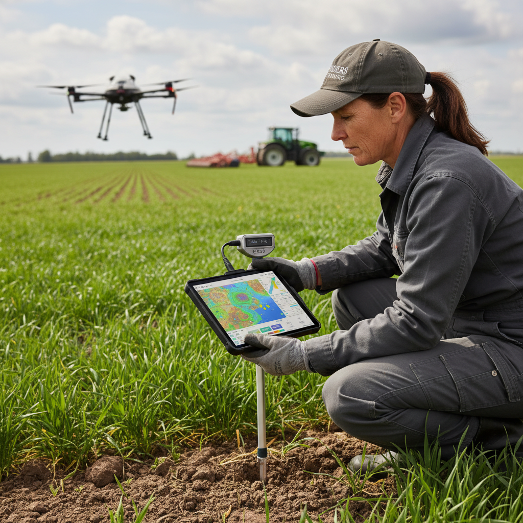 Integrating technology with traditional knowledge helps maximize resource efficiency during drought. A farmer using modern precision agriculture tools to monitor field conditions and crop health.