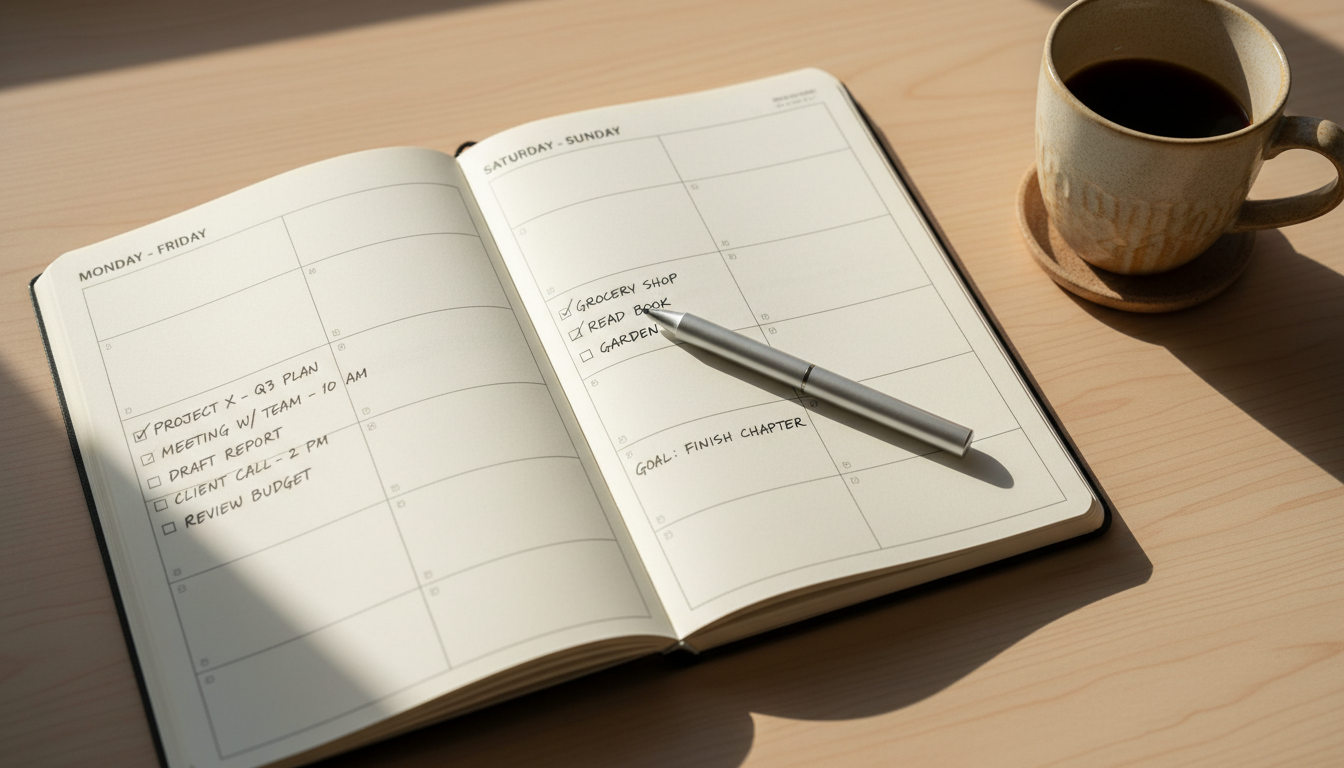 The weekly reset is your opportunity to start fresh without judgment or guilt. Close-up of a neatly filled weekly planner on a wooden desk with a coffee cup nearby in soft morning light.