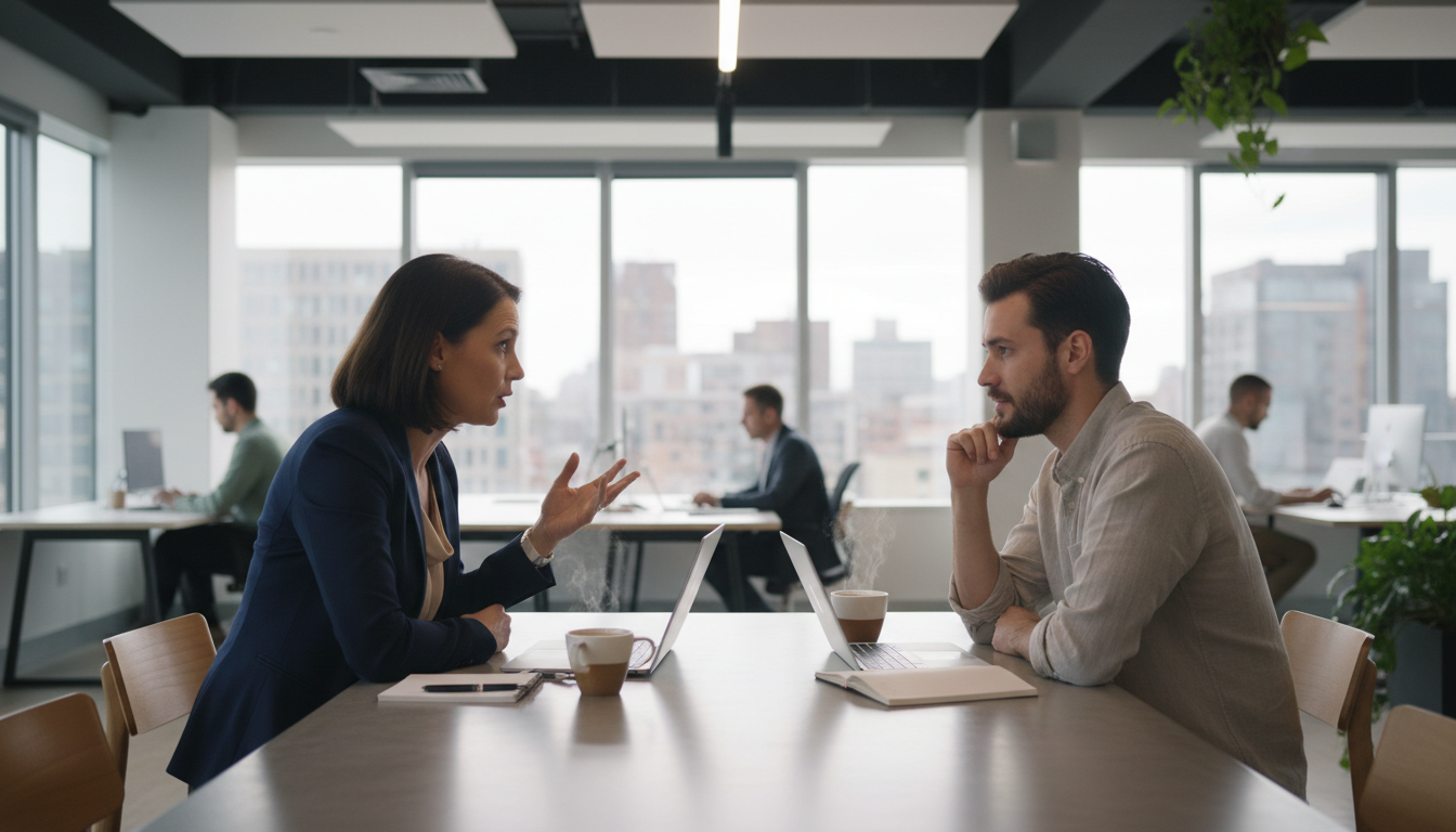 A fractional COO provides the outside perspective necessary to transition from founder-led to system-led growth. Executive consultant in a modern office having a focused one-on-one conversation with a founder to discuss growth strategy.