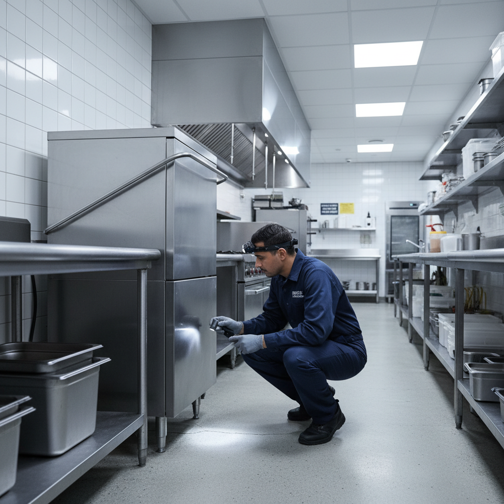 Professional inspections in commercial kitchens ensure compliance with Utah food safety regulations. A pest control technician conducting a systematic inspection in a professional commercial kitchen with stainless steel surfaces.